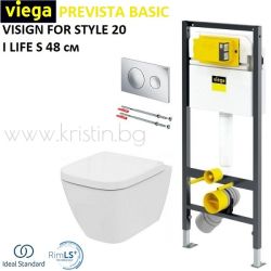Структура за вграждане Viega Prevista Basic, бутон Visign for Style 20 хром, компактна тоалетна чиния 48 см I LIFE S  без ринг