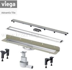 Линеен сифон с вертикален фланец Viega Advantix 750-1200 мм, комплект с решетка с рамка ER12 за монтаж на плочка, и монтажна рамка Standard