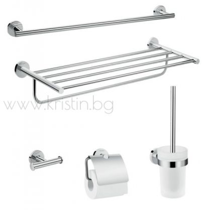 Комплект аксесоари за баня Hansgrohe Universal съдържа единичен хавлийник 41716000, хавлийник с поставка за кърпи 41720000, двойна закачалка 41725000, конзолна четка за тоалетна 41722000 и държач за тоалетна хартия с капак 41723000