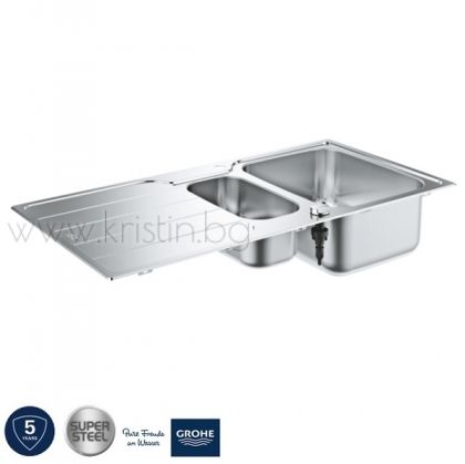 Кухненска мивка Grohe 31572SD1 с две корита и плот за отцеждане, изработена от неръждаема стомана AISI 304 с дебелина 0.7 мм. Включен автоматичен сифон и цедка за отпадъци.