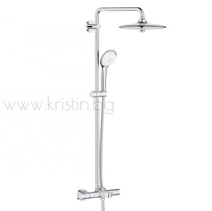 Душ система Grohe Euphoria System 260 с термостатен смесител с чучур за вана, душ пита с три вида струи, с превключване от самата душ пита и ръчен душ с три вида струи.