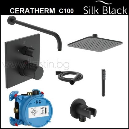Черен комплект за вграждане с термостатен смесител Ceratherm C100 и квадратна душ пита 200 мм