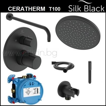 Черен термостат за вграждане Ideal Standard  Ceratherm T100 A5814XG, с регулатор на дебит чрез завъртане превключвател за душ пита и ръчен душ.