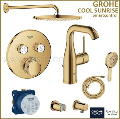 Комплект за вграждане Grohe GRT Smartcontrol THM и смесител за мивка Essence, в цвят злато - Cool Sunrise 