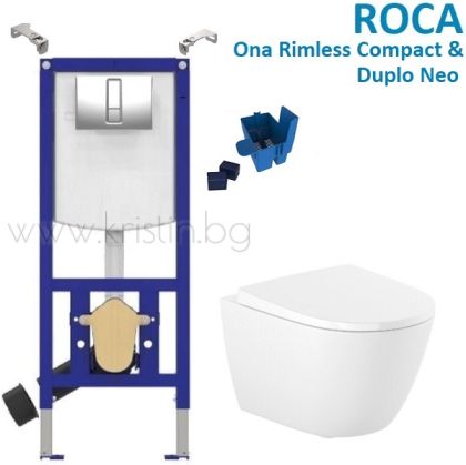 Структура за вграждане Roca Duplo Neo, бутон PL хром и  конзолна тоалетна чиния Ona Rimless Compact