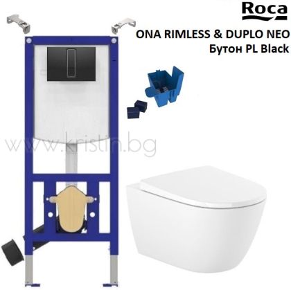 Структура за вграждане Roca Duplo Neo, черен бутон PL и конзолна тоалетна чиния Ona Rimless
