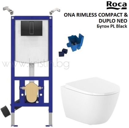 Структура за вграждане Roca Duplo Neo, черен бутон PL и конзолна тоалетна чиния Ona Rimless Compact