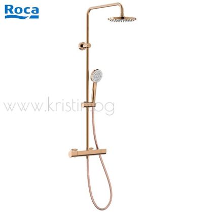 Термостатна душ система Roca Even-T Rose Gold A5A9A2ERG2. Покритие PVD в цвят злато, душ пита с диаметър 254 мм.