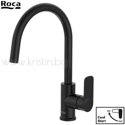 Смесител за кухня с висок чучур Roca Cala, черен мат, студен старт 