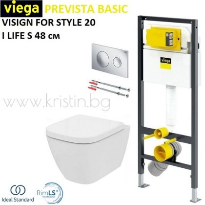 Структура за вграждане Viega Prevista Basic, бутон Visign for Style 20 хром, компактна тоалетна чиния 48 см I LIFE S  без ринг
