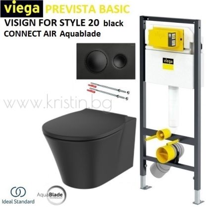 Структура за вграждане Viega Prevista Basic, бутон Visign for Style 20 черен мат, тоалетна чиния Connect Air Aquablade, черен мат,