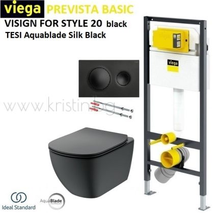 Структура за вграждане Viega Prevista Basic, бутон Visign for Style 20 черен мат, тоалетна чиния Tesi Aquablade, черен мат,