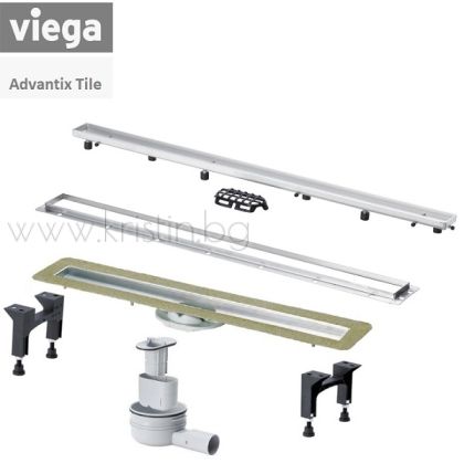 Линеен сифон Viega Advantix 750-1200 мм, комплект с решетка с рамка ER13 за вграждане на плочка и монтажна рамка Standard