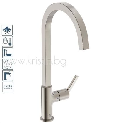 Смесител за кухня с висок подвижен R чучур с квадратен профил, Gusto Ideal Standard, в цвят матирано сребро