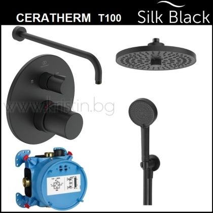 Черен комплект за вграждане с термостатен смесител Ceratherm T100 и кръгла душ пита 260  мм с два вида струи
