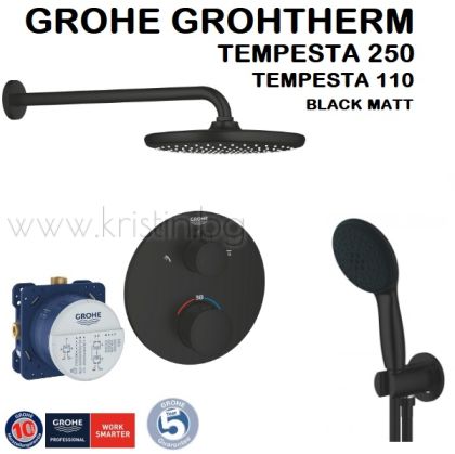 Комплект за вграждане Grohe Grohtherm черен мат, с душ пита Tempesta 250