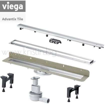 Линеен сифон с вертикален фланец Viega Advantix 750-1200 мм, комплект с решетка с рамка ER13 за вграждане на плочка и монтажна рамка Standard