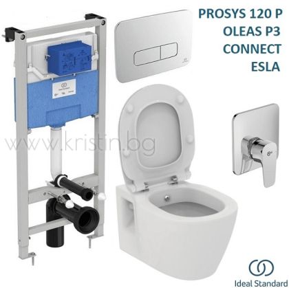 Комплект конзолна тоалетна чиния Connect с биде, структура за вграждане Prosys и смесител за вграждане Esla