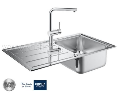 Комплект кухненска мивка Grohe K400 и смесител Grohe Minta с изтеглящ се аератор