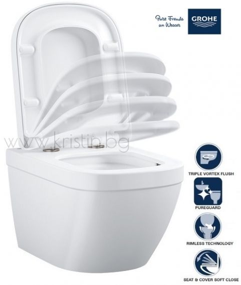 Конзолна тоалетна чиния Grohe Euro Ceramic, с покритие Pureguard и капак с плавно затваряне