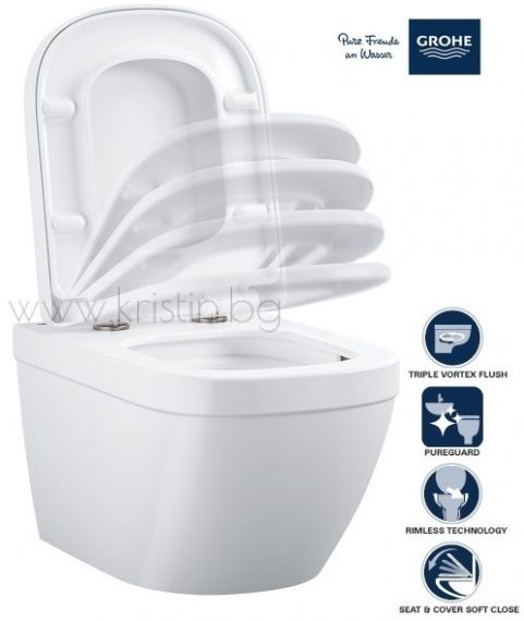 Конзолна тоалетна чиния Grohe Euro Ceramic Compact, с покритие Pureguard и капак с плавно затваряне