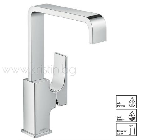 Hansgrohe Metropol 230, стоящ смесител за мивка с въртящ се висок чучур  и pop-up витло