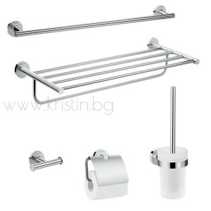Комплект аксесоари за баня Hansgrohe Universal съдържа единичен хавлийник 41716000, хавлийник с поставка за кърпи 41720000, двойна закачалка 41725000, конзолна четка за тоалетна 41722000 и държач за тоалетна хартия с капак 41723000