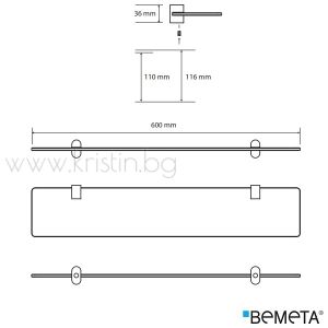 Стъклена полица 600 мм Bemeta Organic Black, стенен монтаж