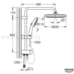 Душ система Grohe Tempesta System 250, черен мат, окачване 620 мм