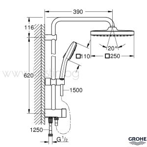 Душ система Grohe Tempesta System 250 CUBE, черен мат, окачване 620 мм